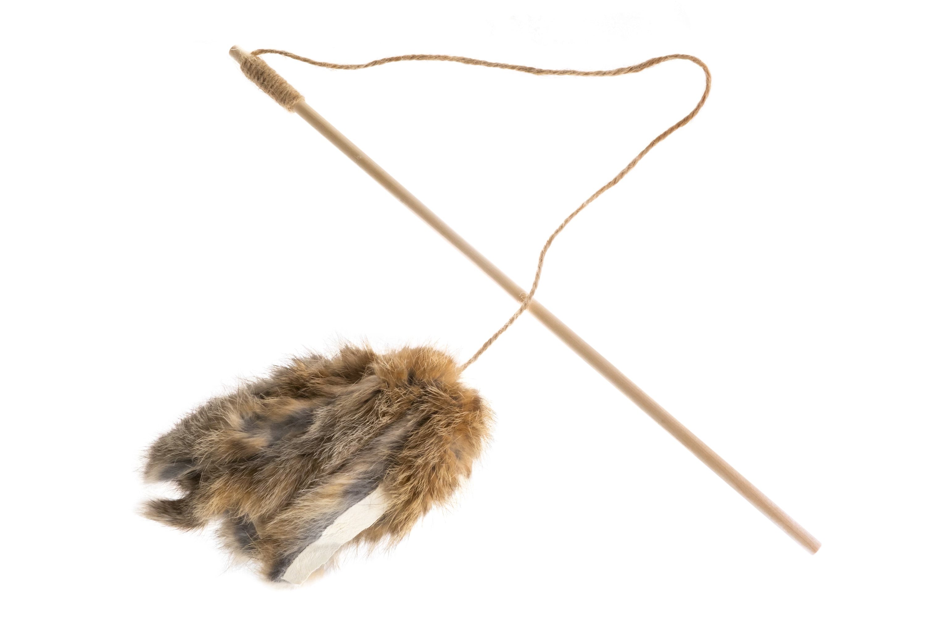 Premium Spielangel mit Fransen aus Hasenfell und Holzstab - Braun XL Fell