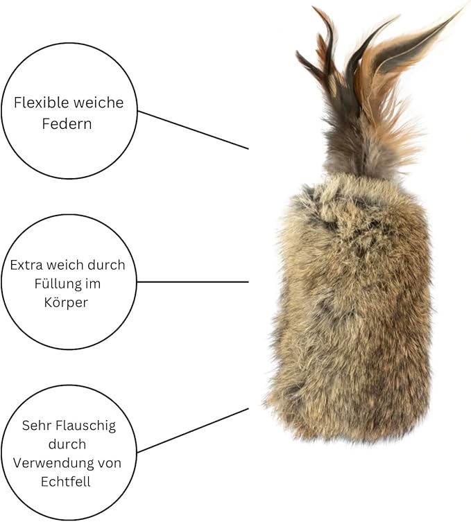 Katzenspielzeug aus echtem Hasenfell mit Federn – Natürliche Beuteattrappe für aktiven Spielspaß