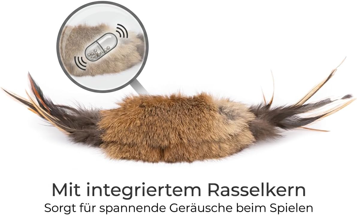 Katzenspielzeug aus echtem Hasenfell mit Rasselsound & Federn
