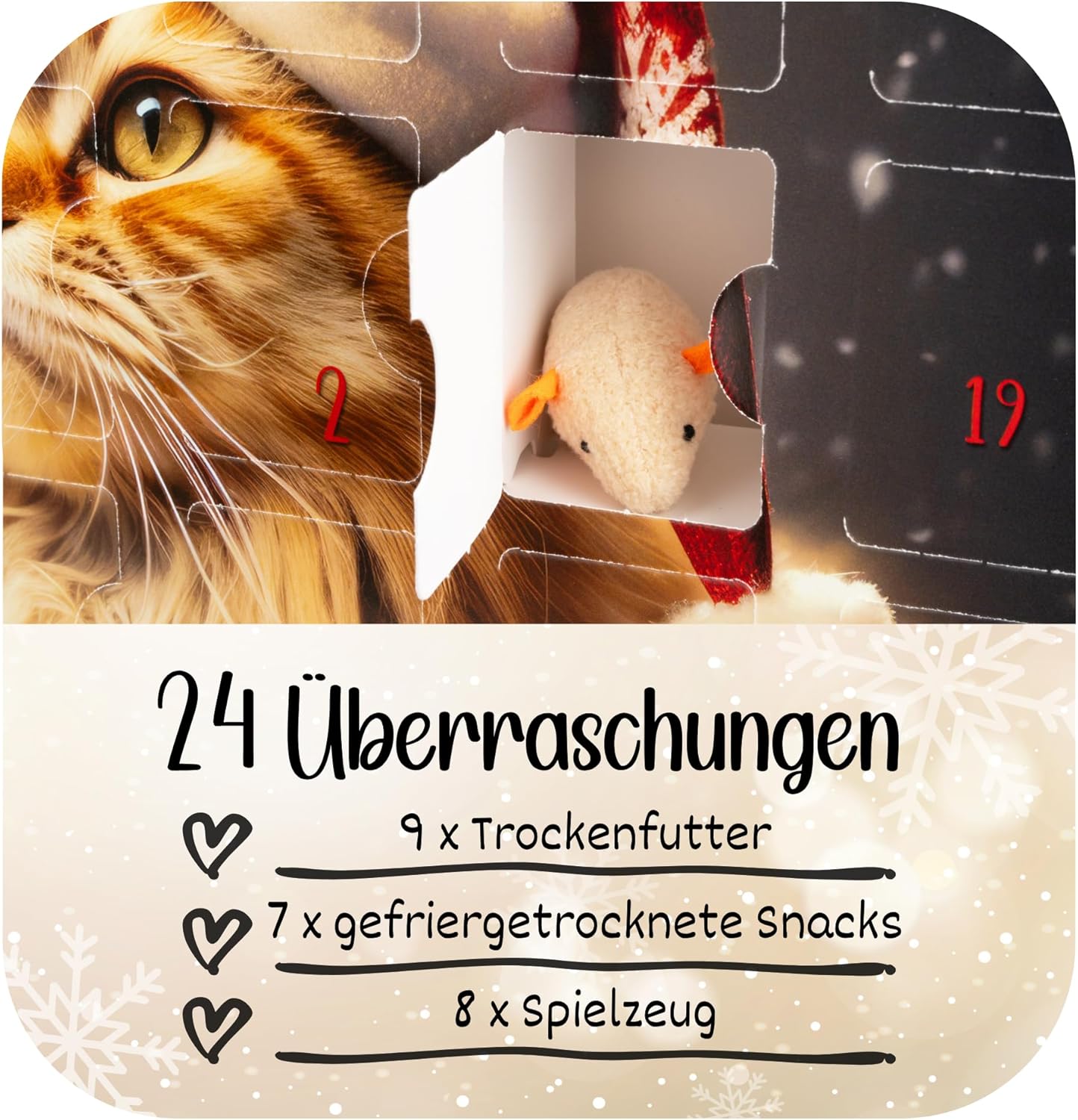 Adventskalender 2025 für Katzen mit gefriergetrocknete Snacks und Spielzeug